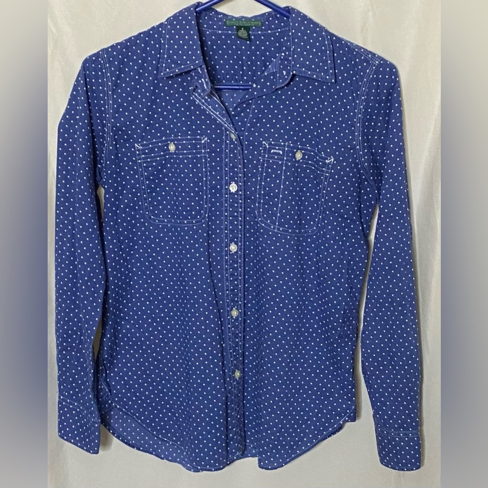 RALPH LAUREN Lauren Jeans Co Blue/White Polka Dot Button Up Shirt